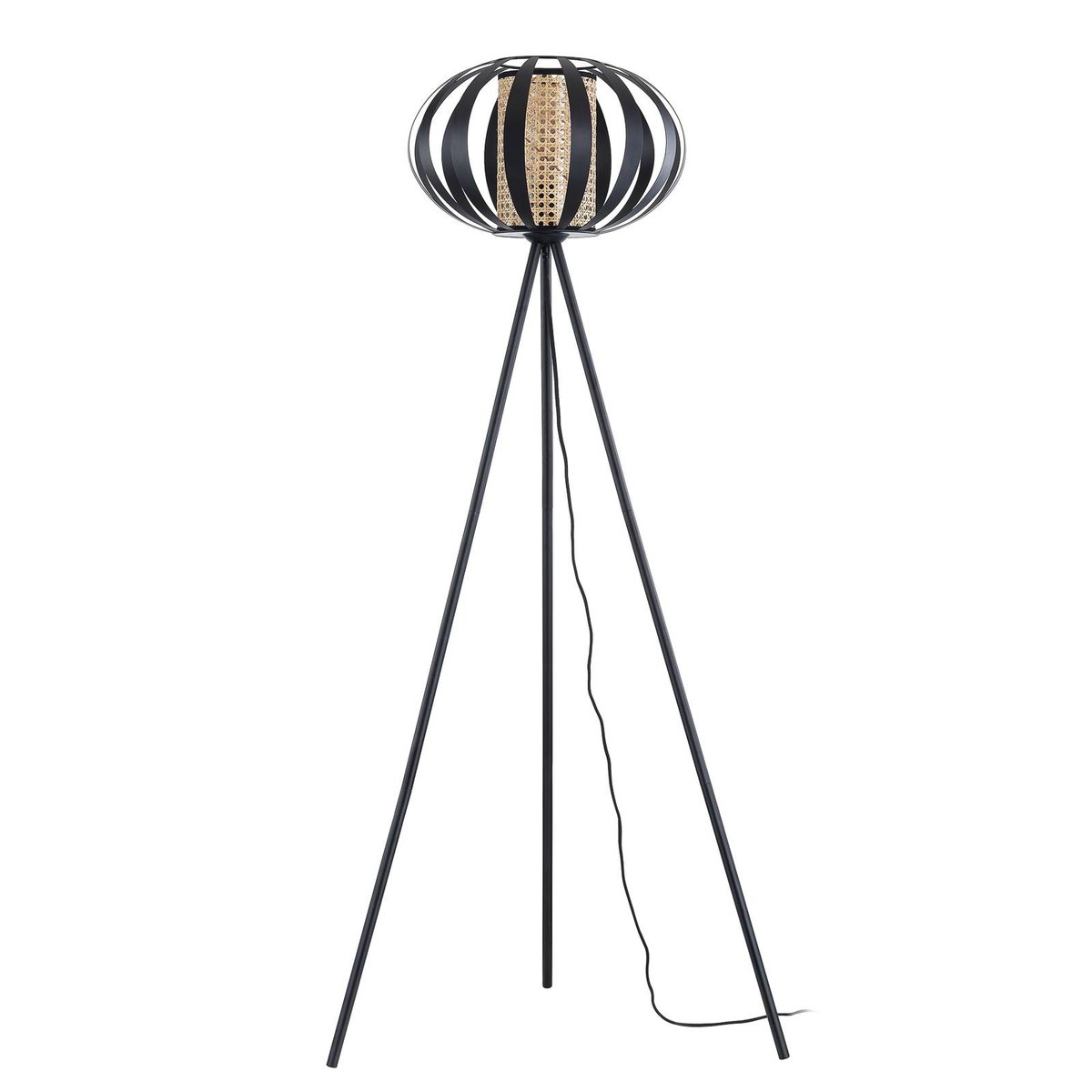 Lampadaire en métal traditionnel, Tamira noir, bois clair, LINDBY