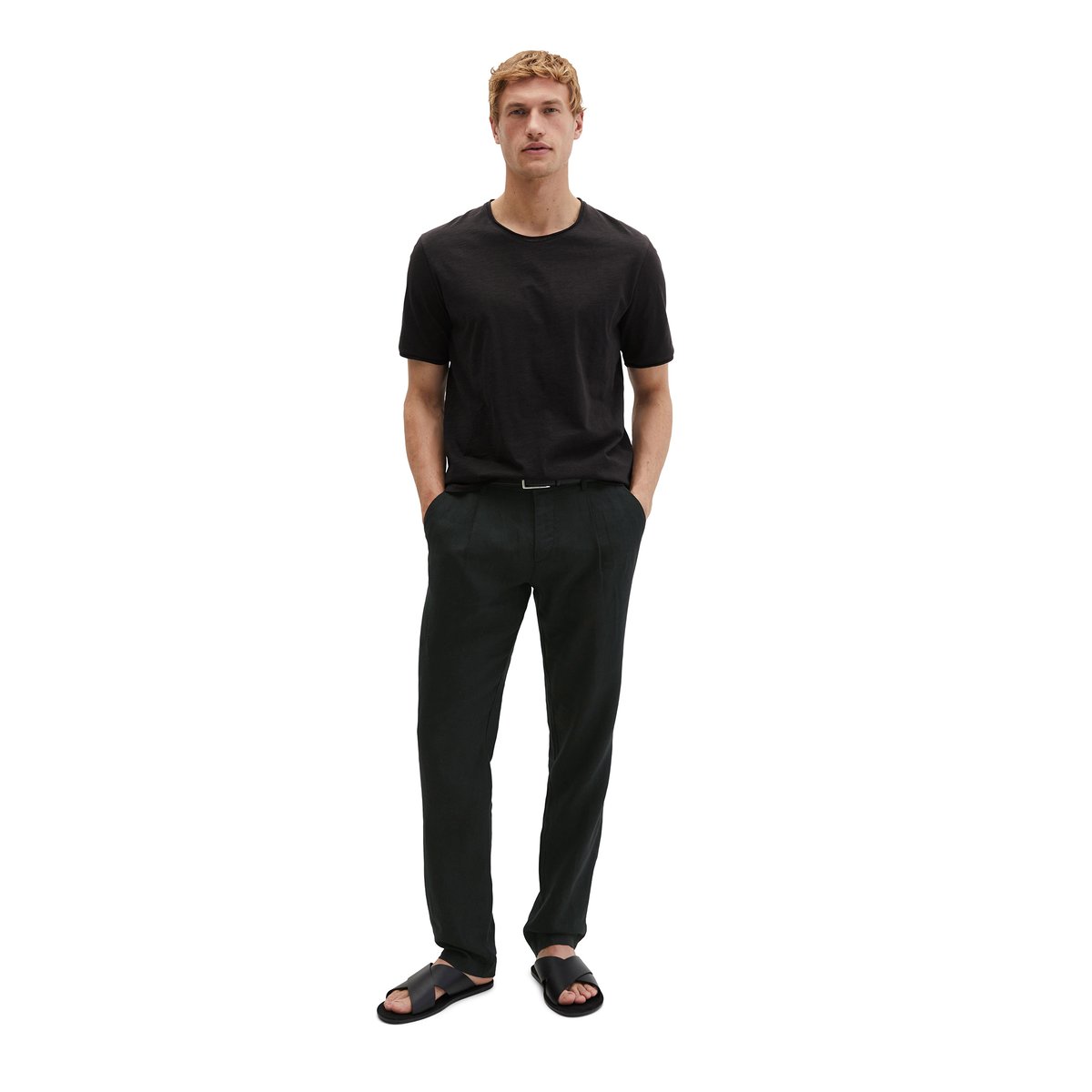 T-shirt regular en jersey slub doux noir, MARC O'POLO