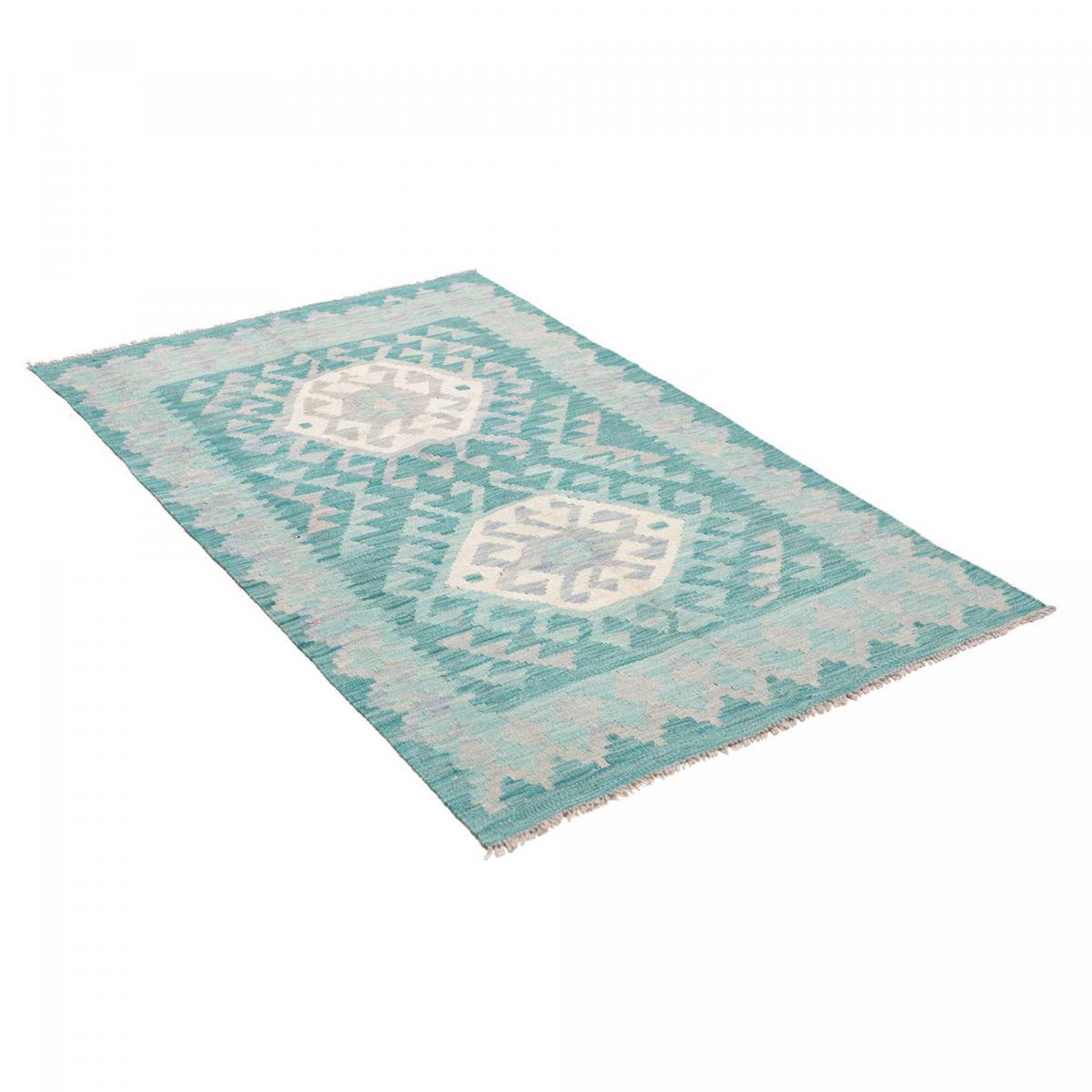 Tapis d'orient, motif géométrique authentique, tissé à plat, KILIM 15 bleu, crème, gris, UN AMOUR DE TAPIS