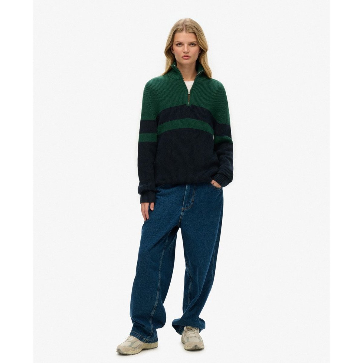 Pull oversize rayé en coton à col zippé Classic bleu marine/vert, SUPERDRY