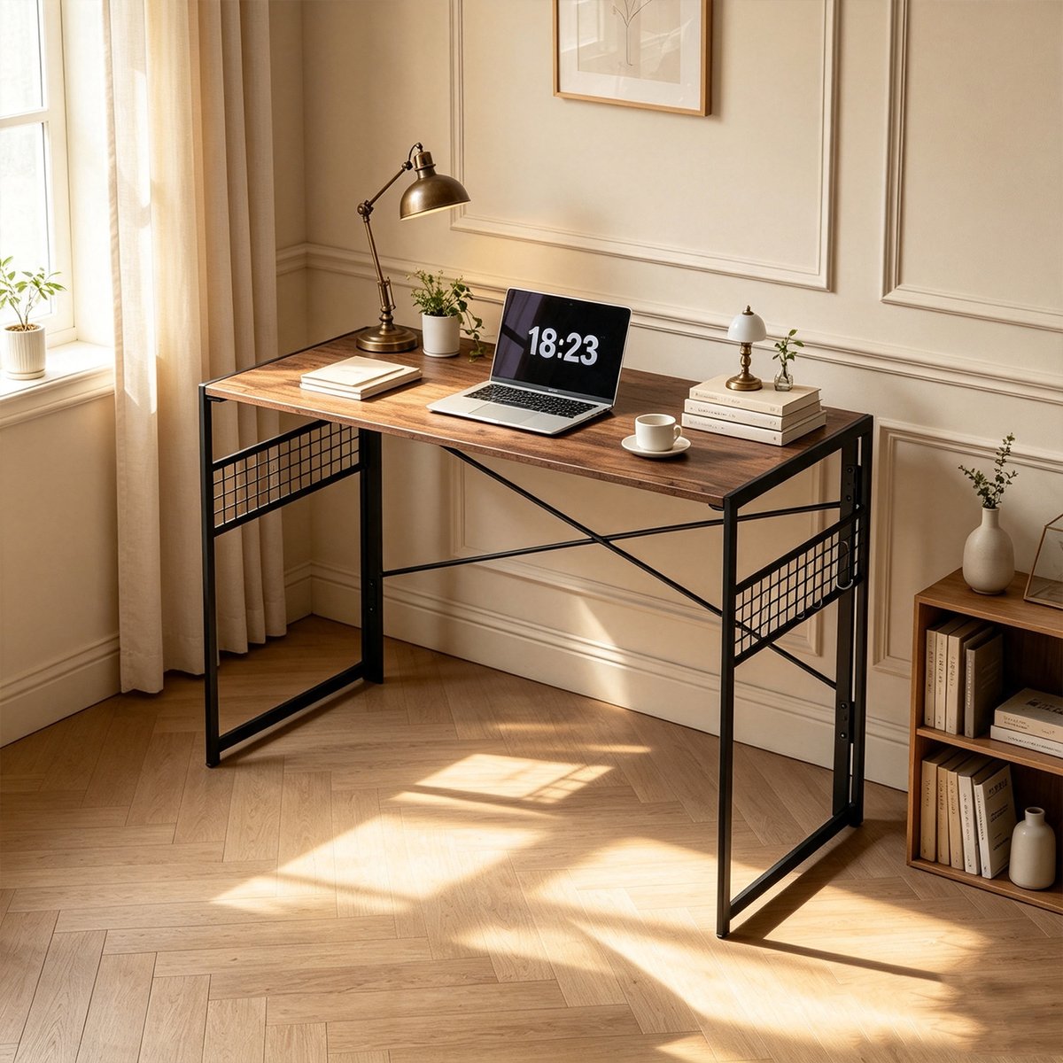 Bureau à piètement pliable industriel, HARPERPLUS imitation bois foncé, MEUBLES COSY