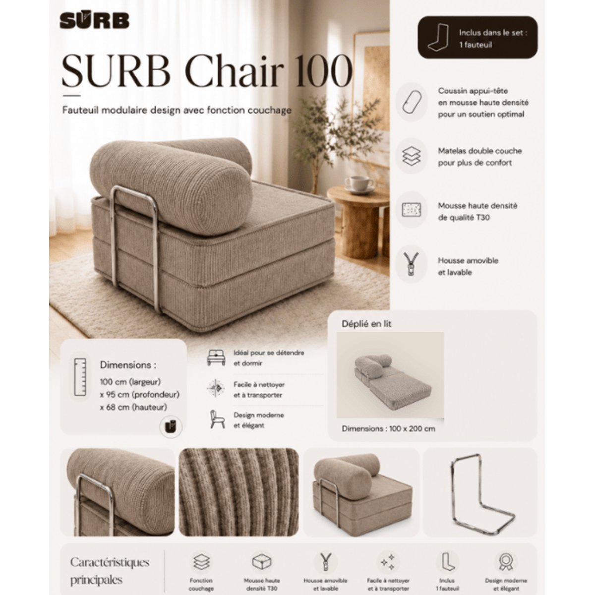Fauteuil modulable en velours côtelé SURB crème, MEOW BABY