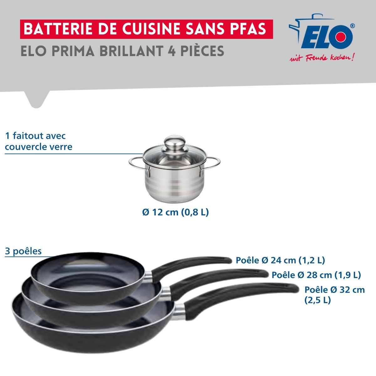 Batterie 3 poêles 24/28/32cm + 1 faitout 12cm PRIMA BRILLANT noir, ELO