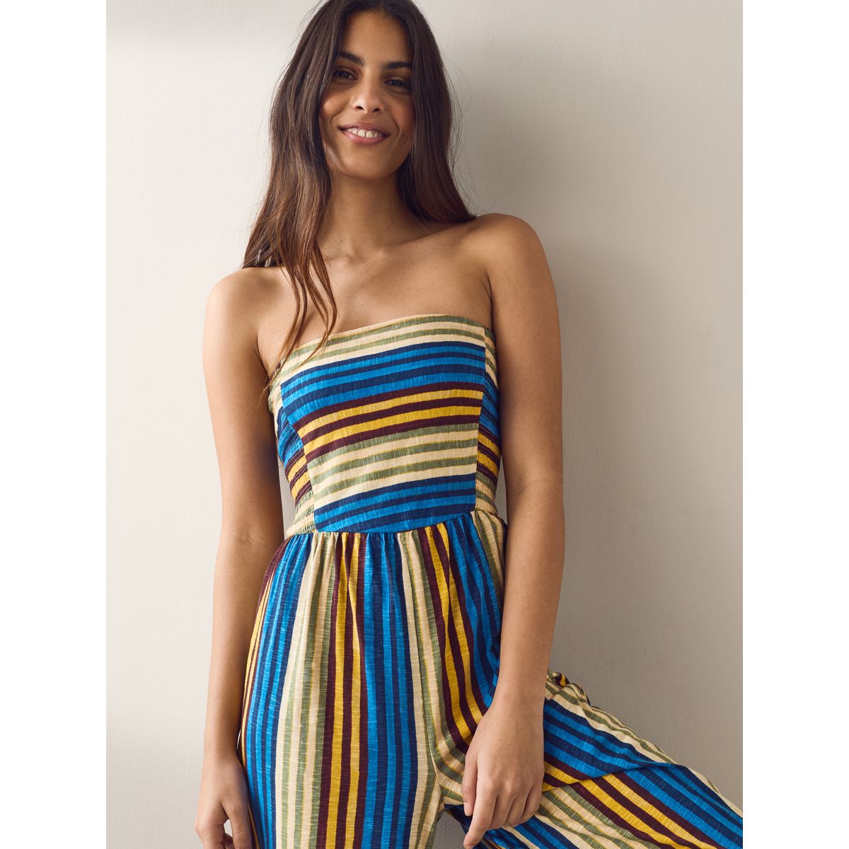 Combi-pantalon bandeau large en jersey rayures bleu/jaune, NEXT