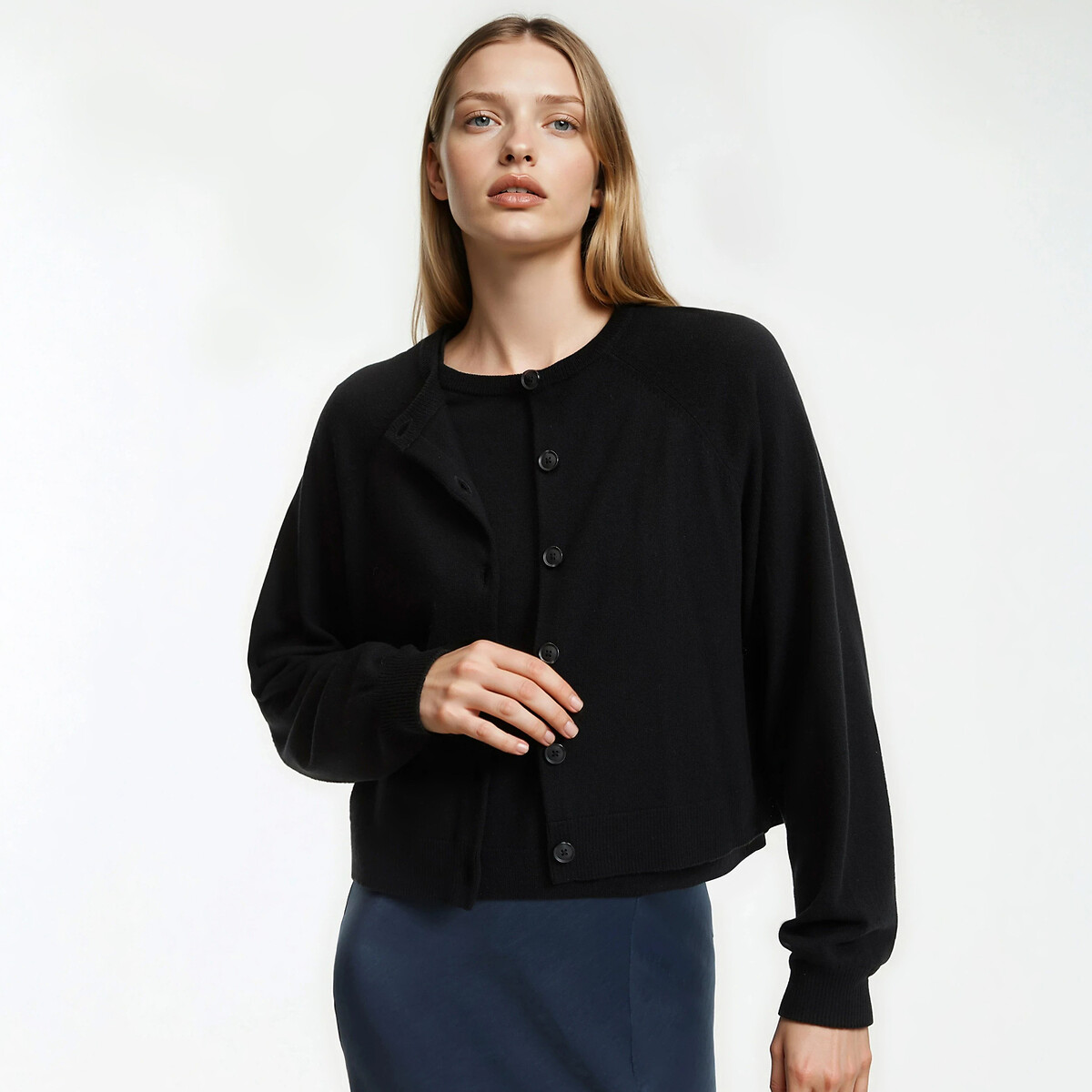Cardigan col rond en fine maille en 100% laine noir, LA REDOUTE COLLECTIONS