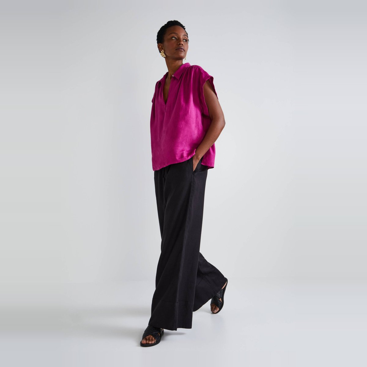 Pantalon large à taille élastiquée en lin noir, MONOPRIX
