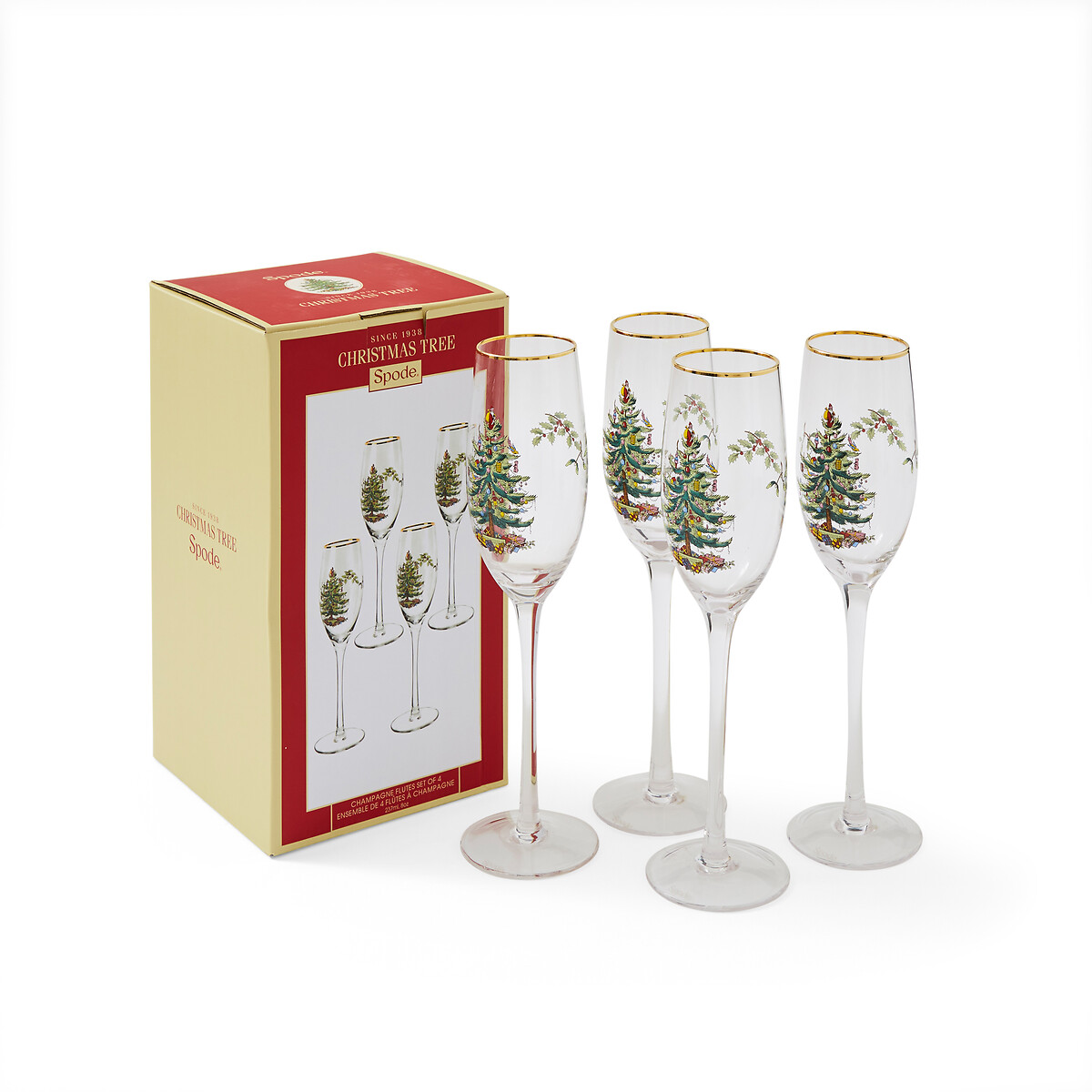 Set of 4 Christmas Tree Champagne Flute Glasses transparent, SPODE