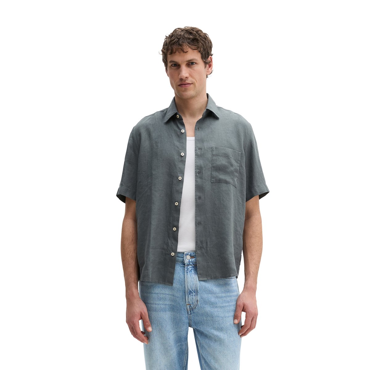 Chemise à manches courtes regular en pur lin gris foncé, MARC O'POLO