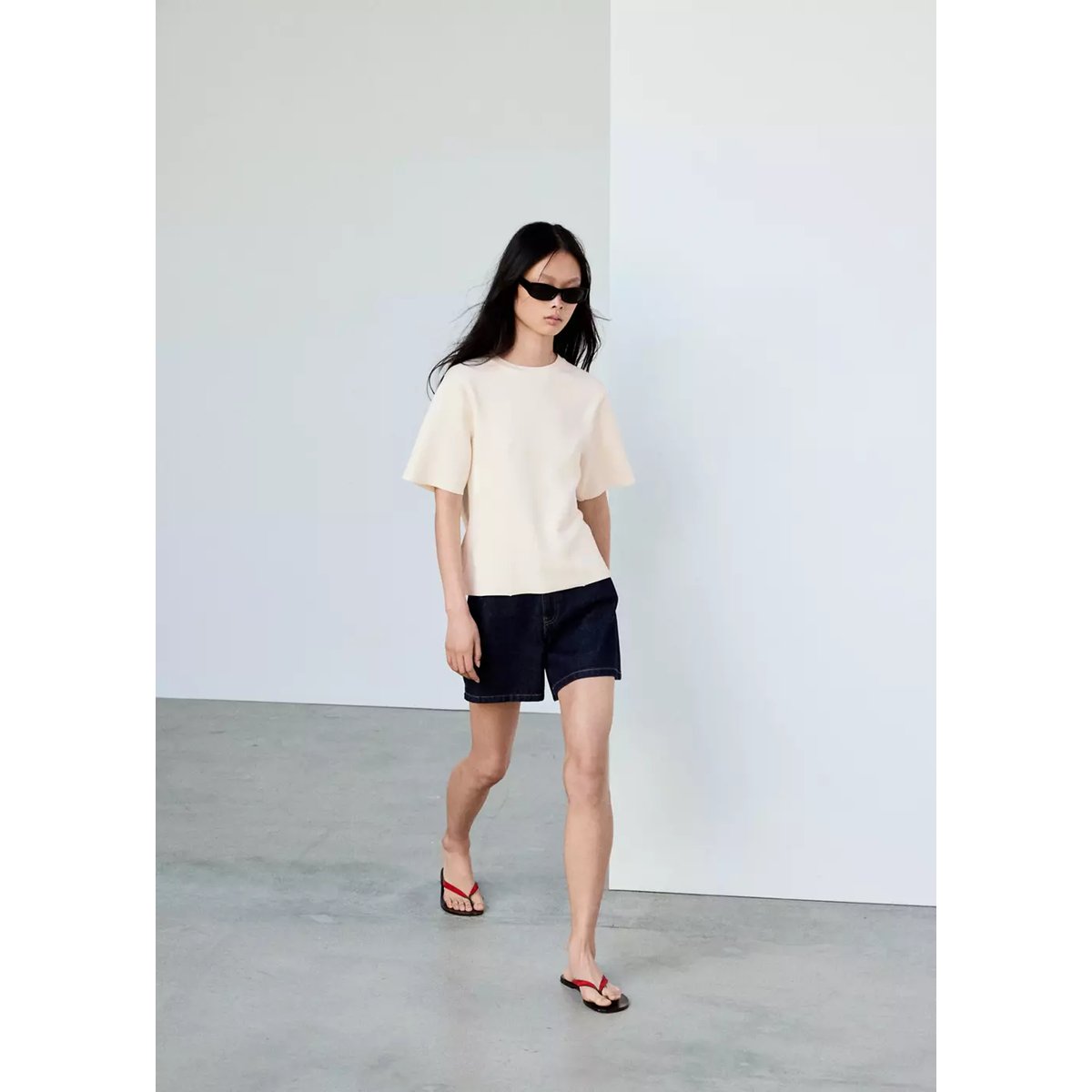 Pull-over maille fine manches courtes écru, MANGO