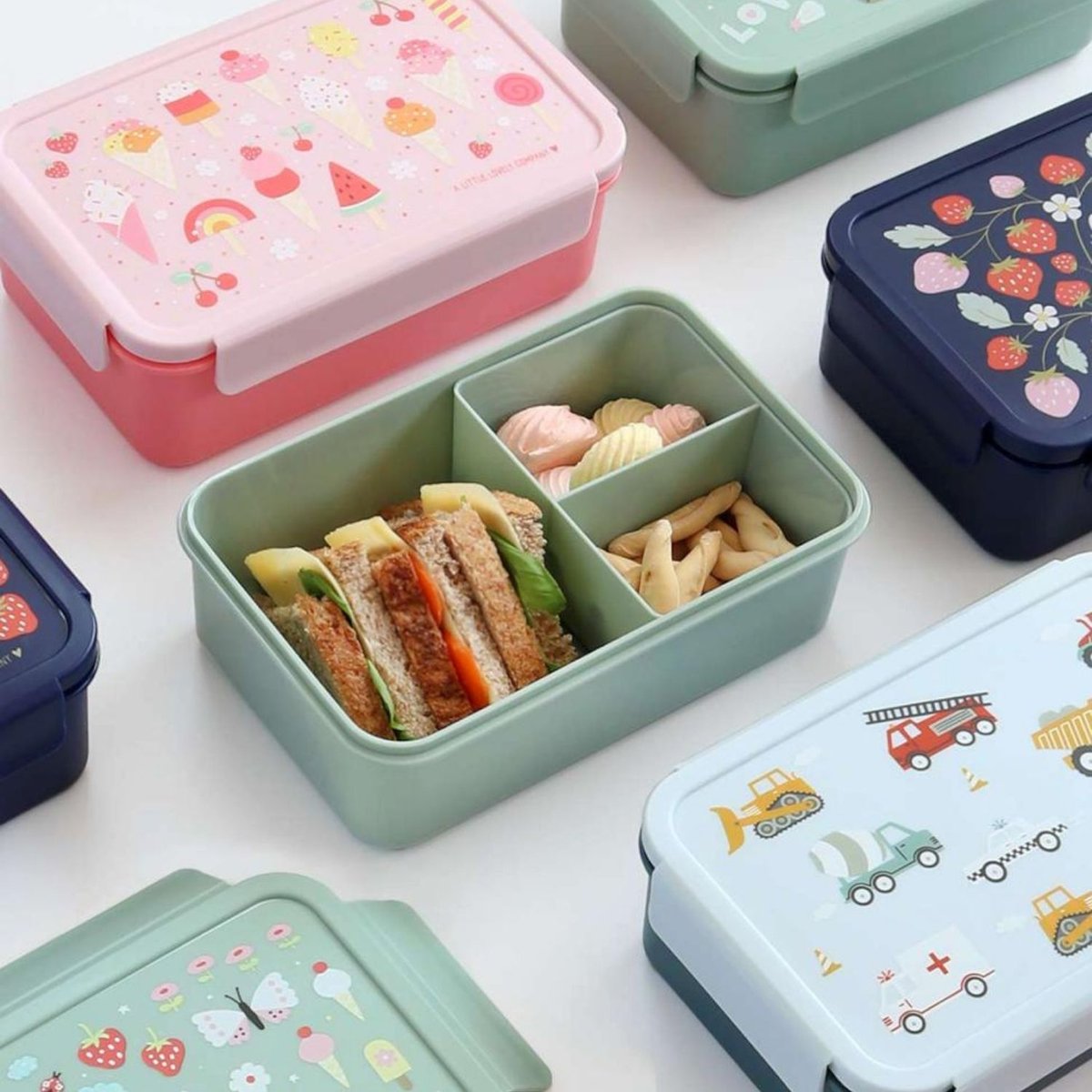 Lunch box Joie vert d'eau, rose, jaune, A LITTLE LOVELY COMPANY