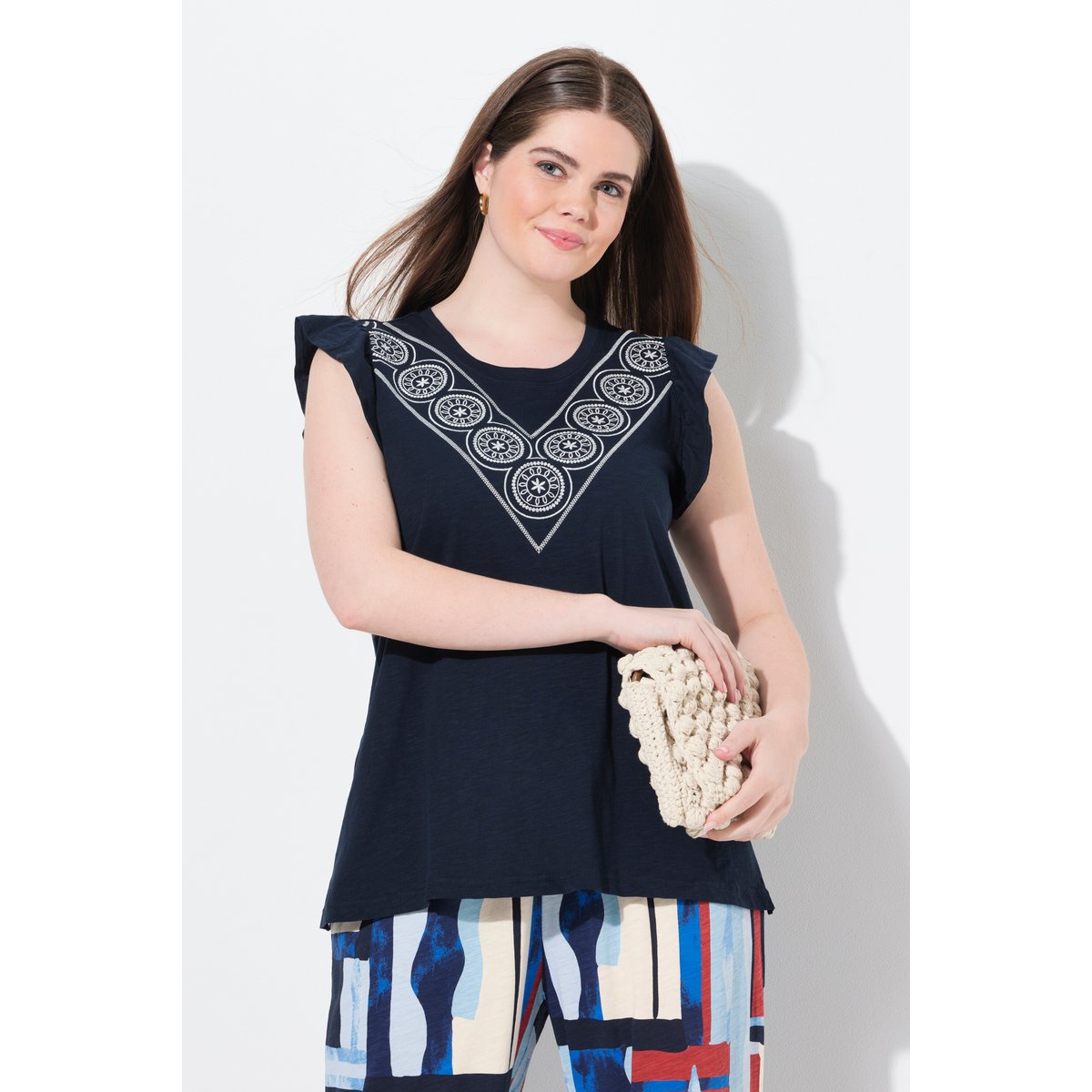 T-shirt, broderie, col rond, manches courtes marine, ULLA POPKEN