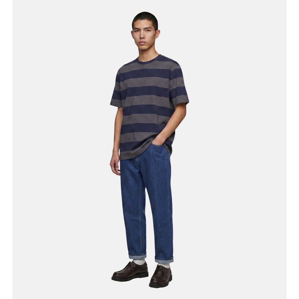 T-shirt droit tibbray coton piqué bleu et gris, GALERIES LAFAYETTE