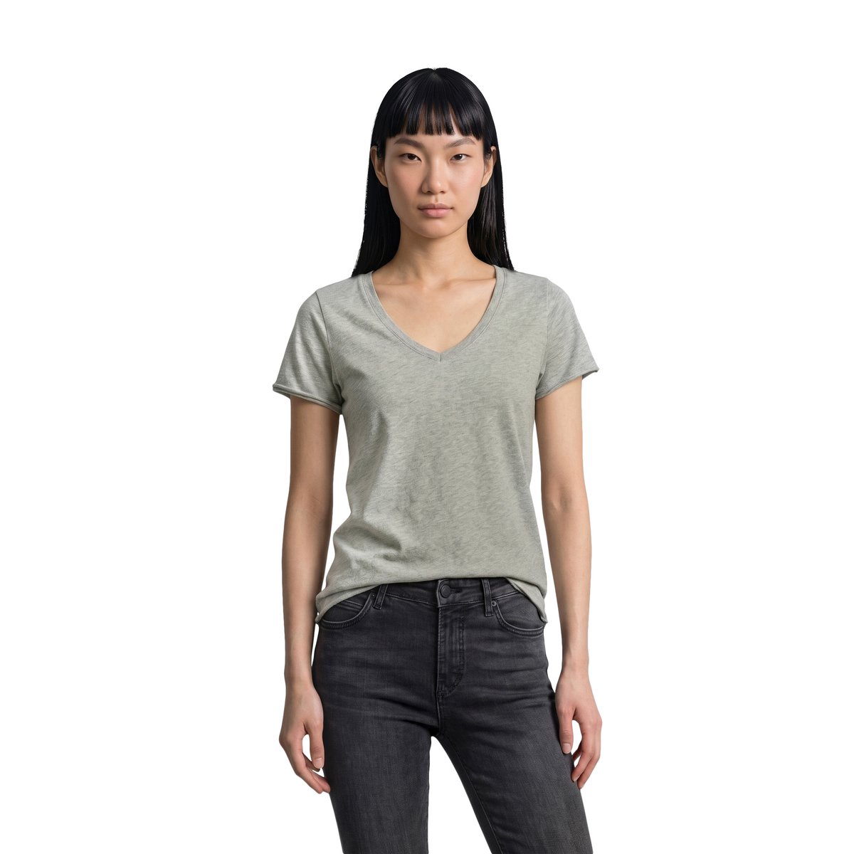 T-shirt classique à encolure en V en Organic Cotton Slub Jersey gris, MARC O’POLO DENIM