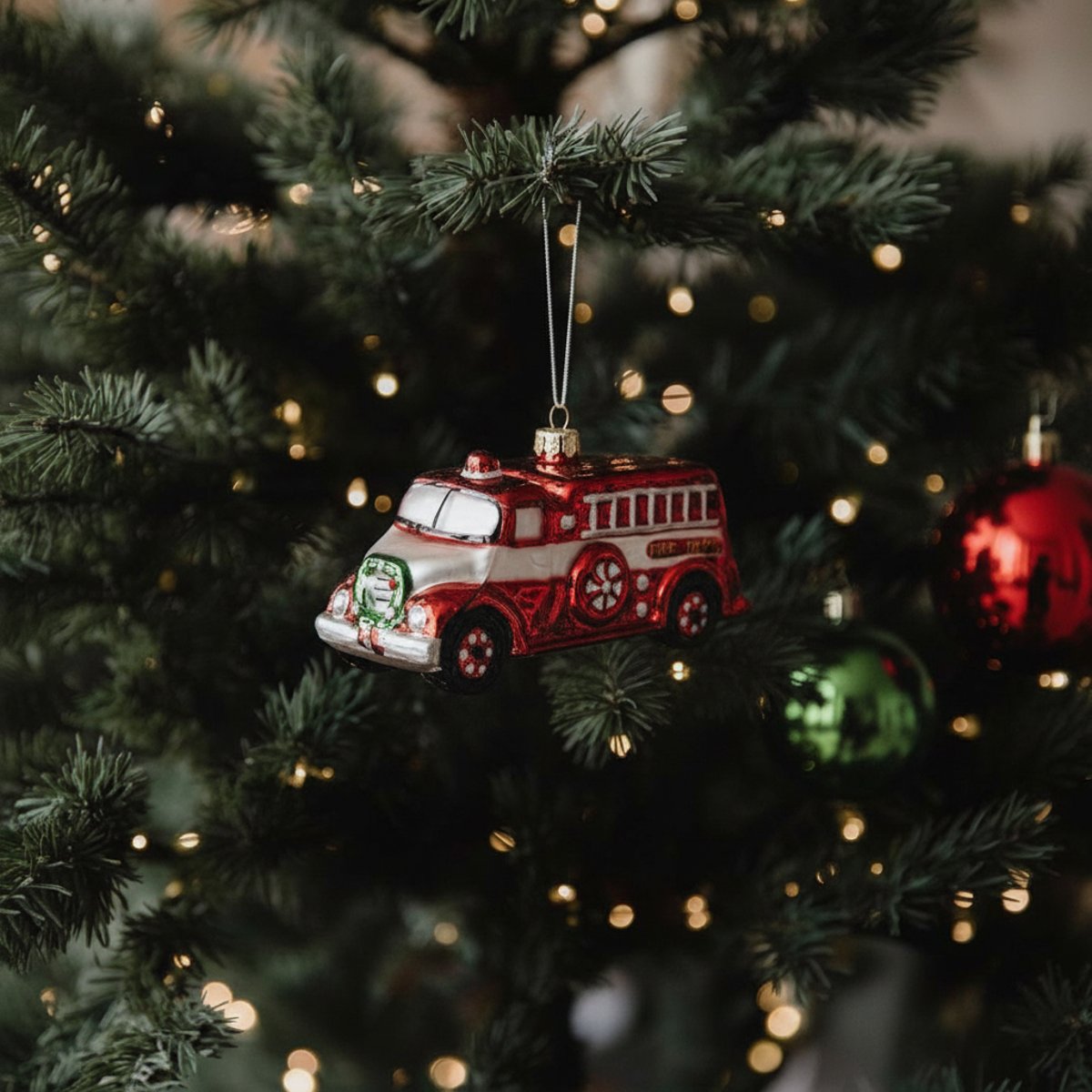 Suspension de noël camion de pompier en verre D12 rouge, SIA DECO