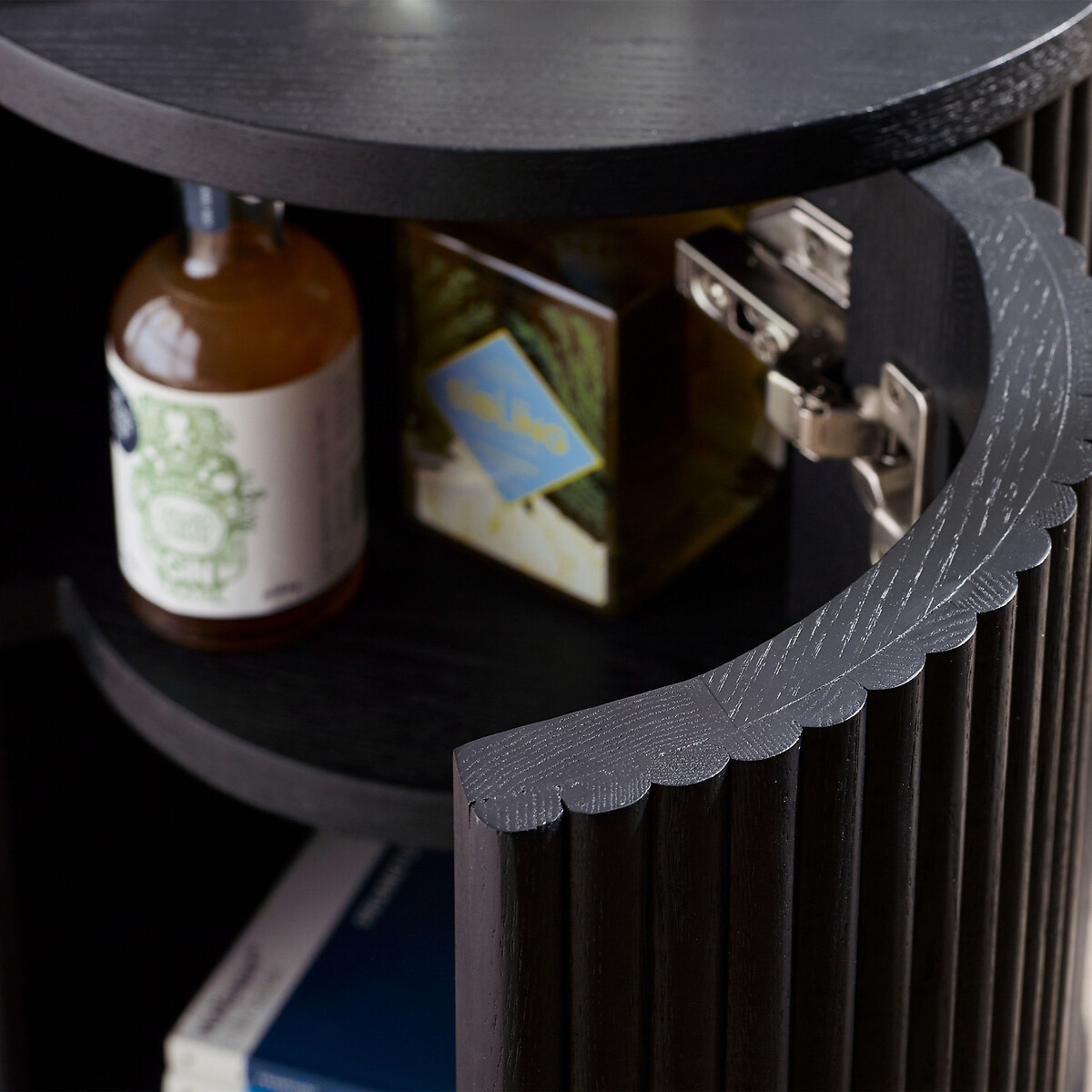 Lucien Fluted Wood Round Side Table with Hidden Storage black, SO'HOME