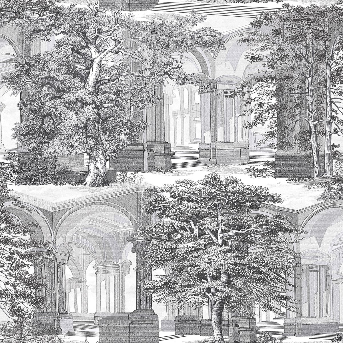 Papier peint Rivington Folly Tattoo Architecture grandiose gris doux, GRAHAM ET BROWN