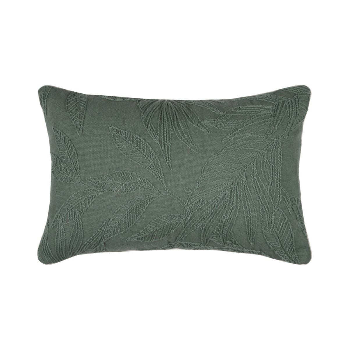 Coussin rectangulaire en coton à feuillage brodé kaki, LOVELY CASA