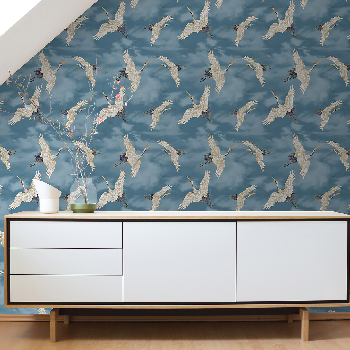 Cranes Blue Wallpaper blue, CATHERINE LANSFIELD