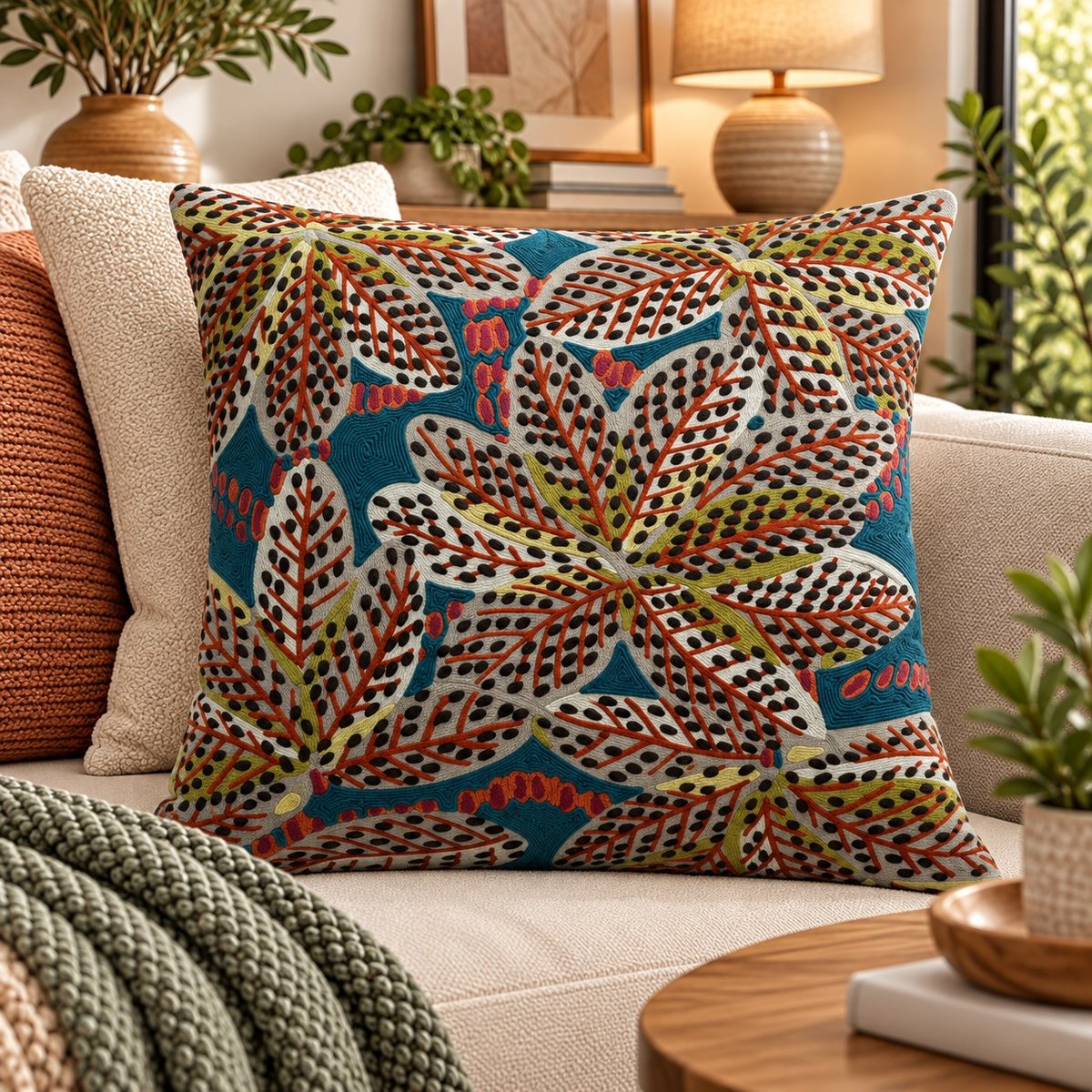 Coussin brodé Aube Sereine petrole, EDEN