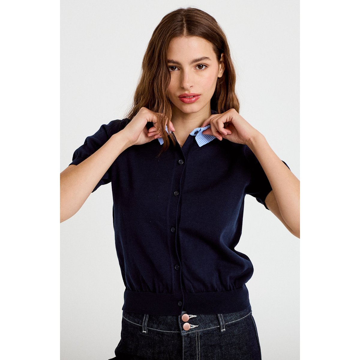 Polo col chemise manches courtes bleu marine, CACHE CACHE
