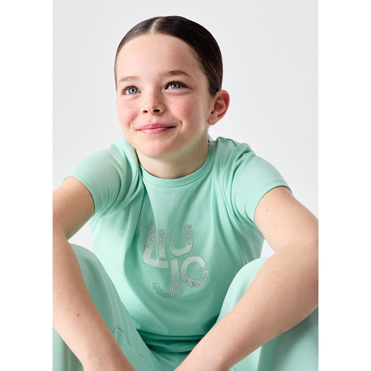 T-shirt avec logo et strass vert menthe, LIU JO