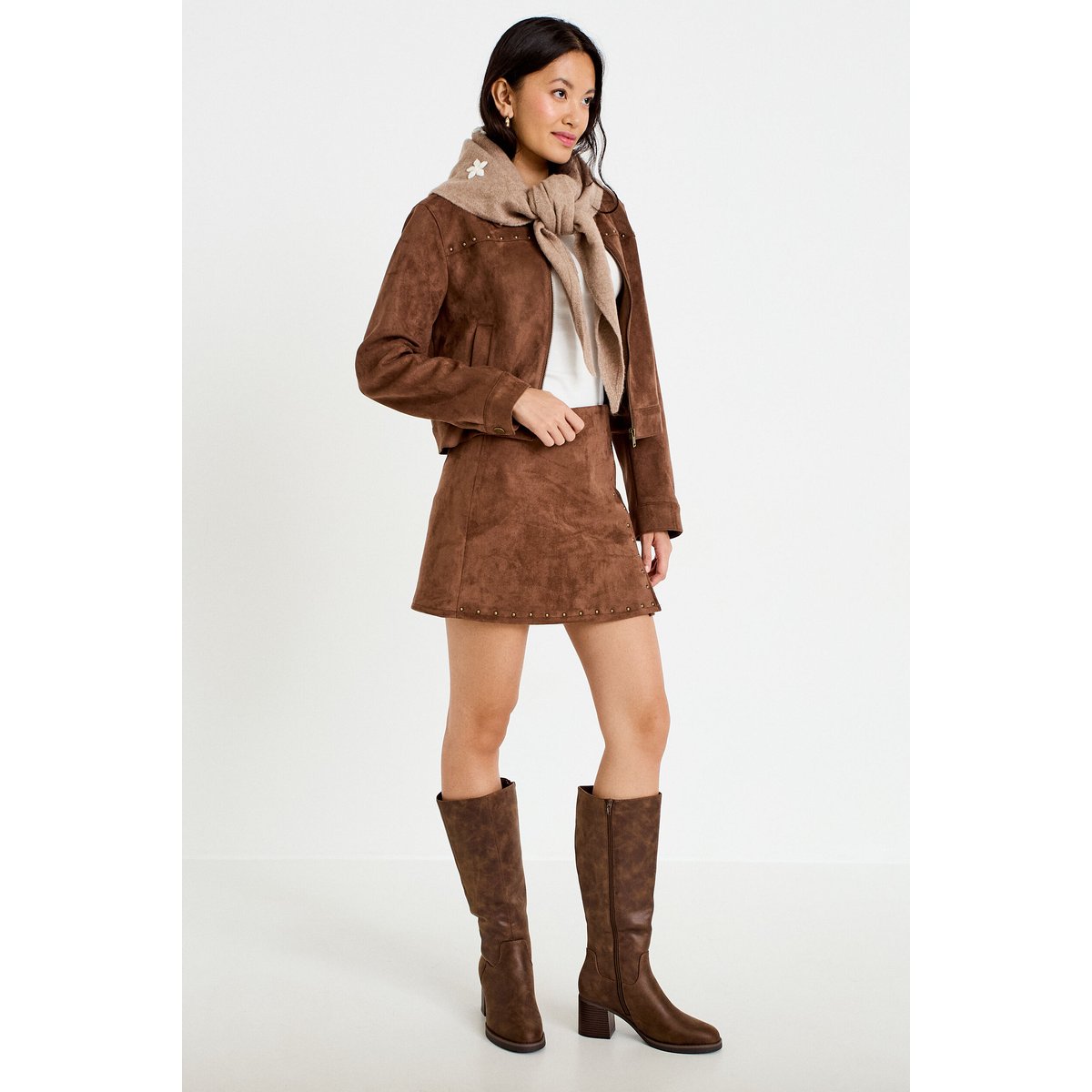 Jupe-short trapèze taille haute daim marron, CACHE CACHE