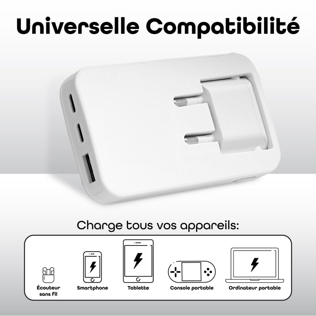 Chargeur secteur 65W GAN 2 USB-C + 1 USB-A Power Delivery couleur unique, TNB