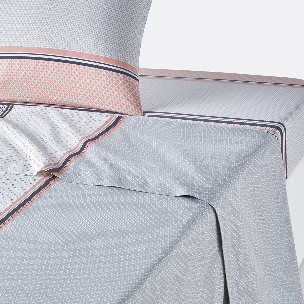 Drap plat coton, Nayma gris/rose poudrée, SO'HOME