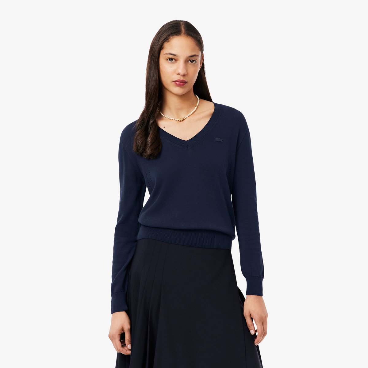 Pull col V maille sans coutures bleu-166, LACOSTE