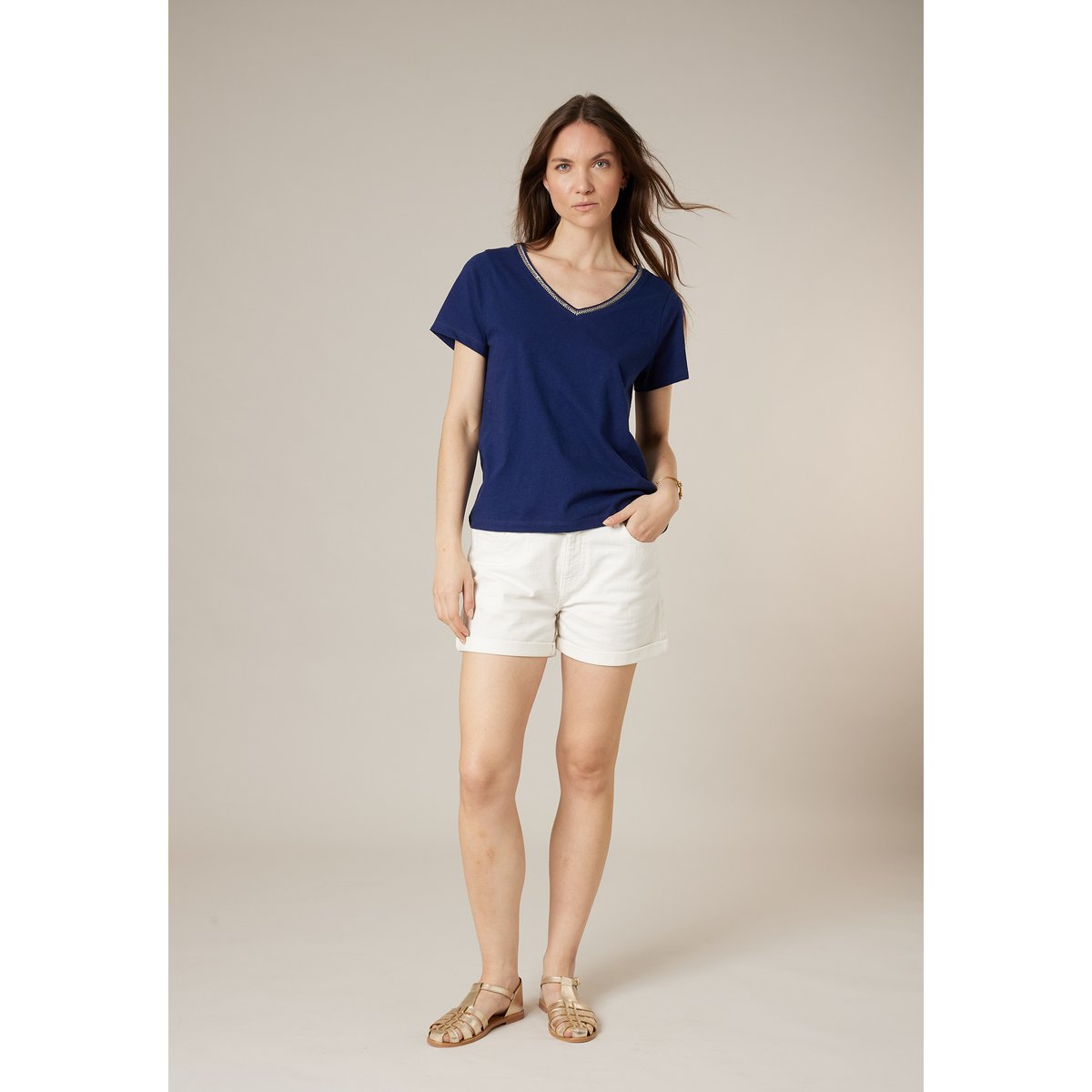 T-shirt femme coton et lin LYVIA navy, DEELUXE