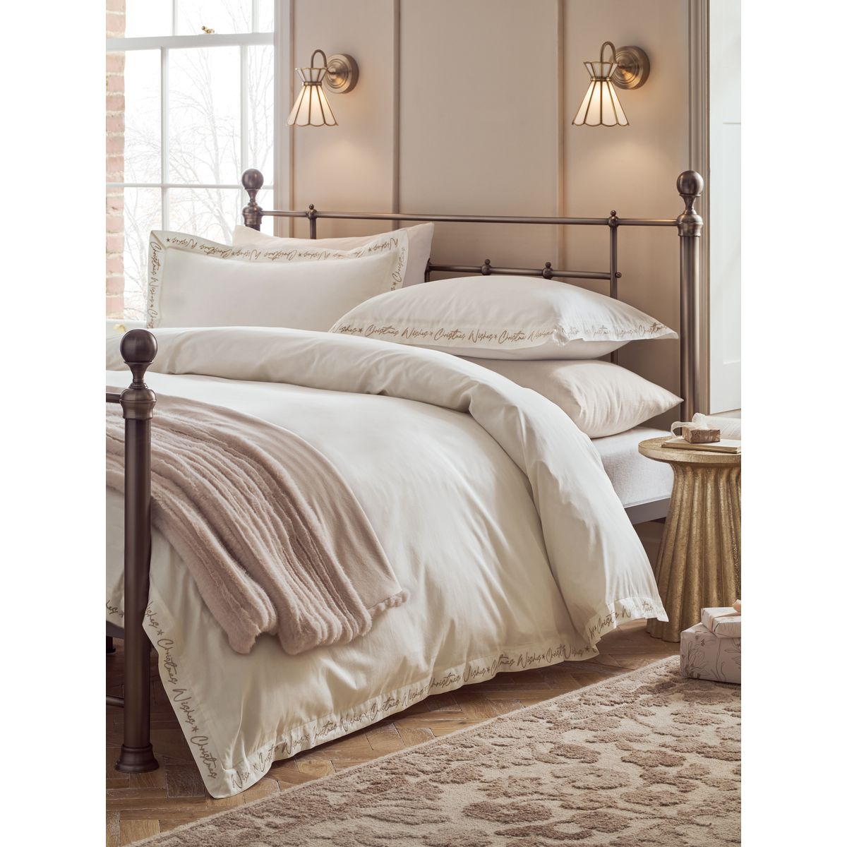 Parure housse satin brodé 200 fils vœux de noël blanc, NEXT