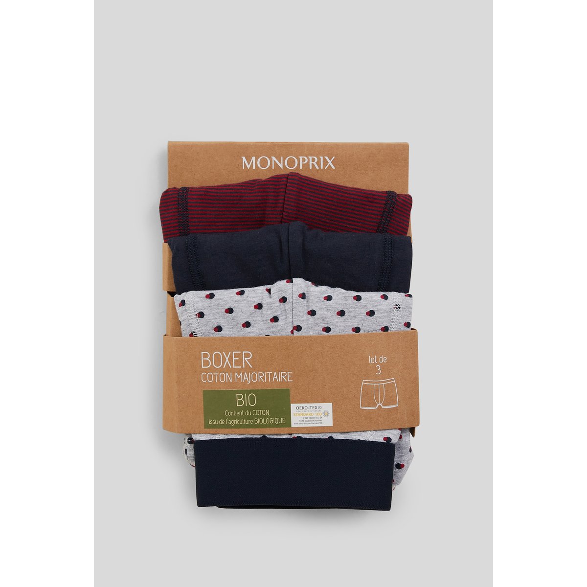 Lot de 3 caleçons à rayures & à pois en coton BIO GOTS gris fonce, MONOPRIX