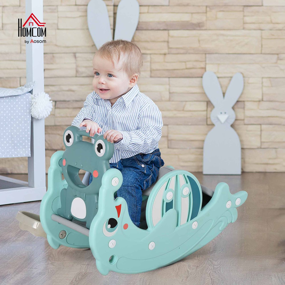 Cheval à bascule pour enfants Plastique Vert bleu, HOMCOM