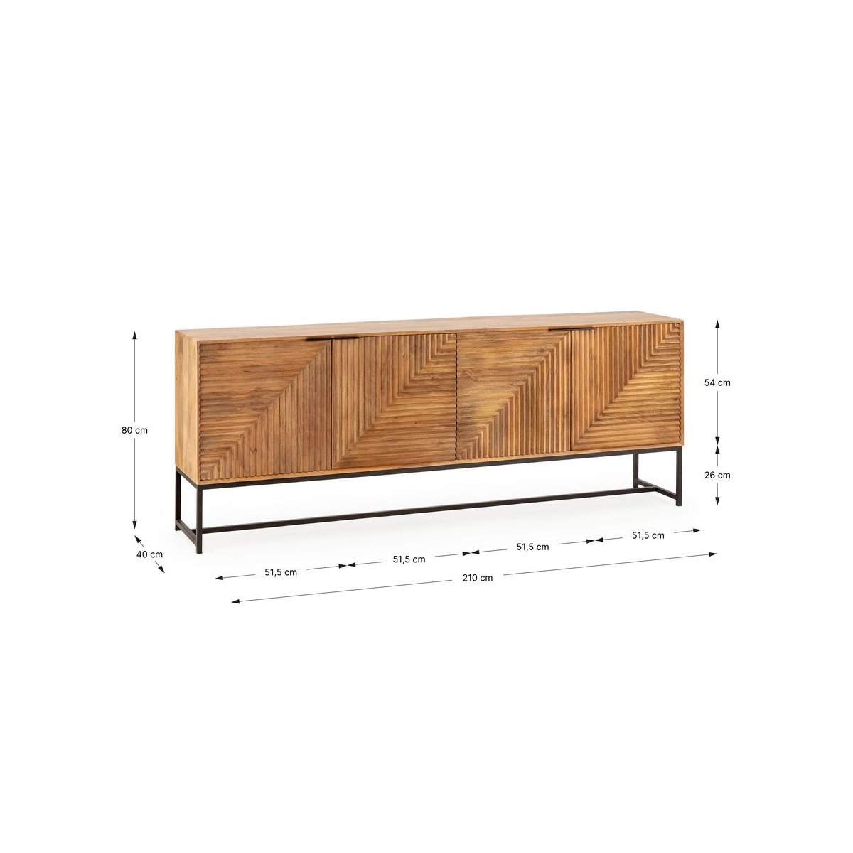 Buffet bas en bois massif 4 portes 210 cm, NAOMIE marron foncé, BOBOCHIC