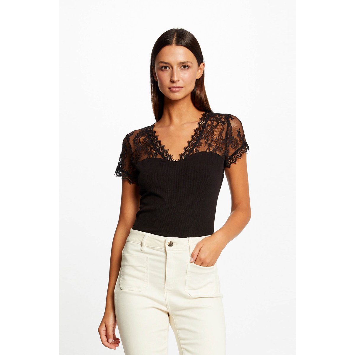 T-shirt manches courtes avec épaules en dentelle noir, MORGAN