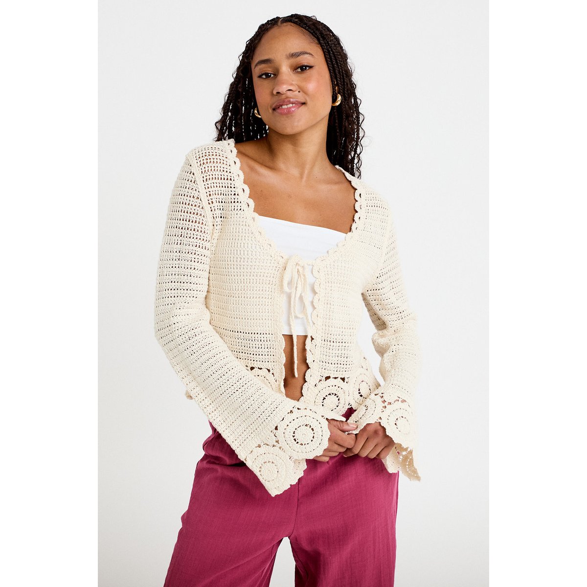 Gilet col v manches longues avec noeuds ecru, CACHE CACHE