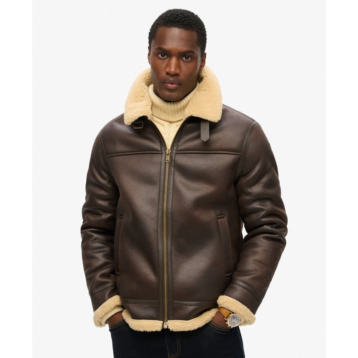 Veste Aviator imitation Fourrure Coupe Décontractée marron foncé, SUPERDRY