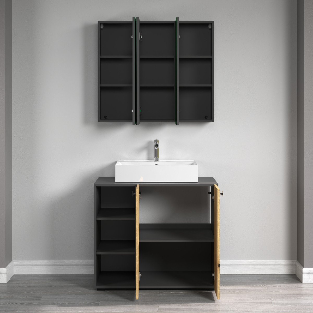 Armoire de toilette 3 portes miroir L90 cm - PUREBLISS gris anthracite, CALICOSY