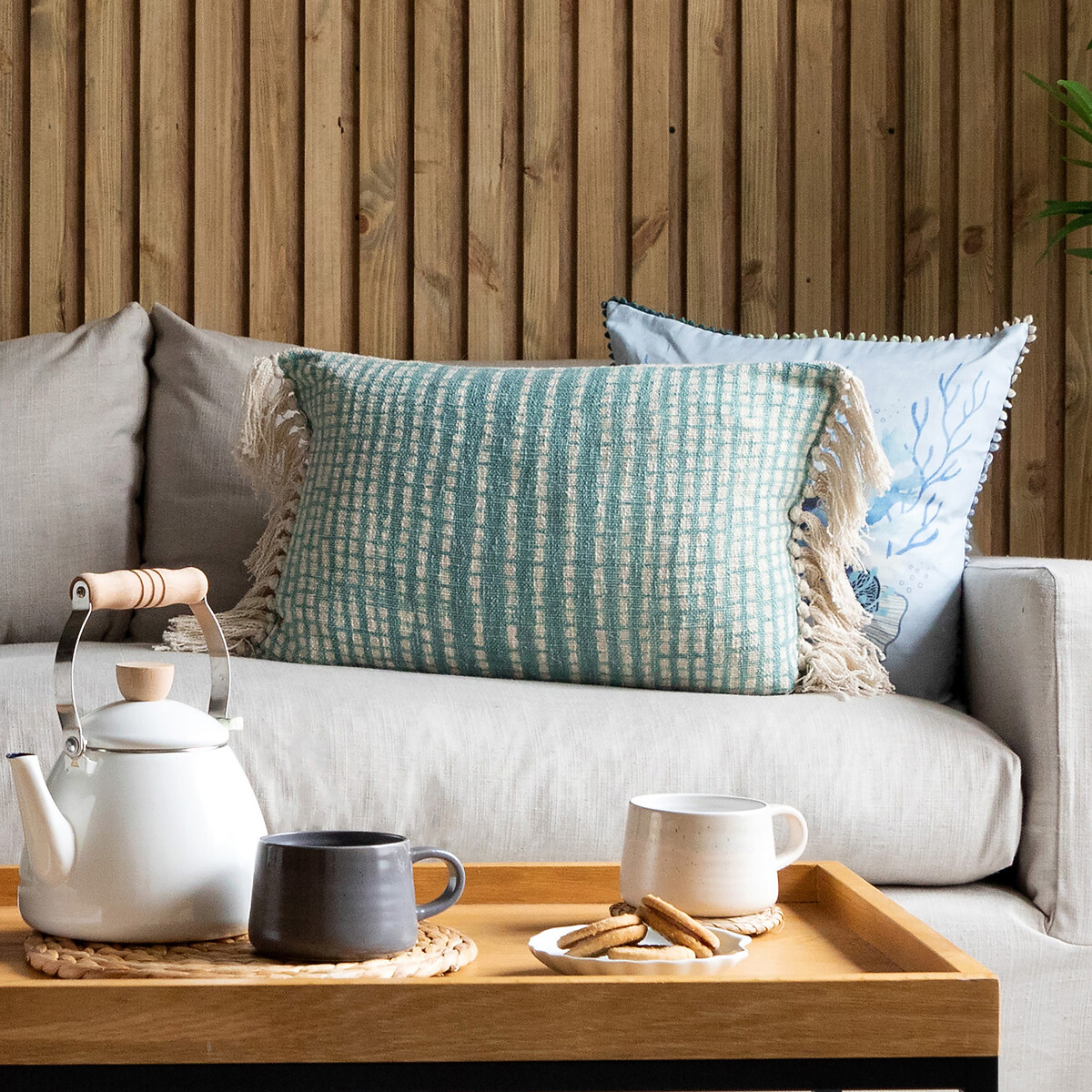 Elkford Geometric Fringed Cushion duck egg blue, VOYAGE MAISON