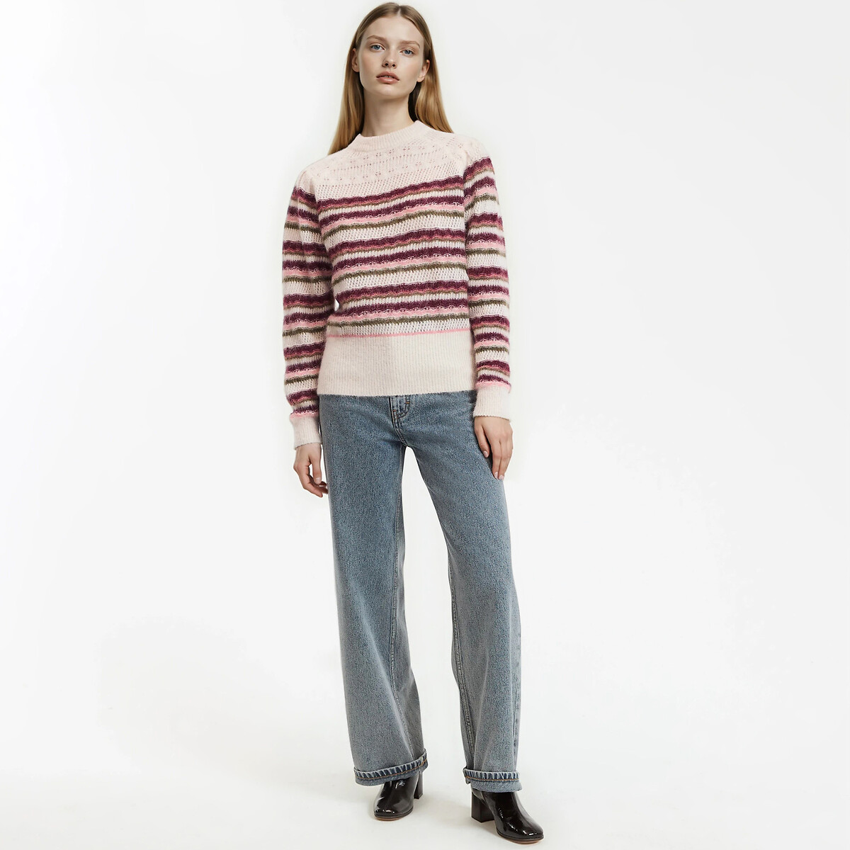 Striped Alpaca/wool Blend Jumper with Crew Neck stripes/ecru background, LA REDOUTE COLLECTIONS
