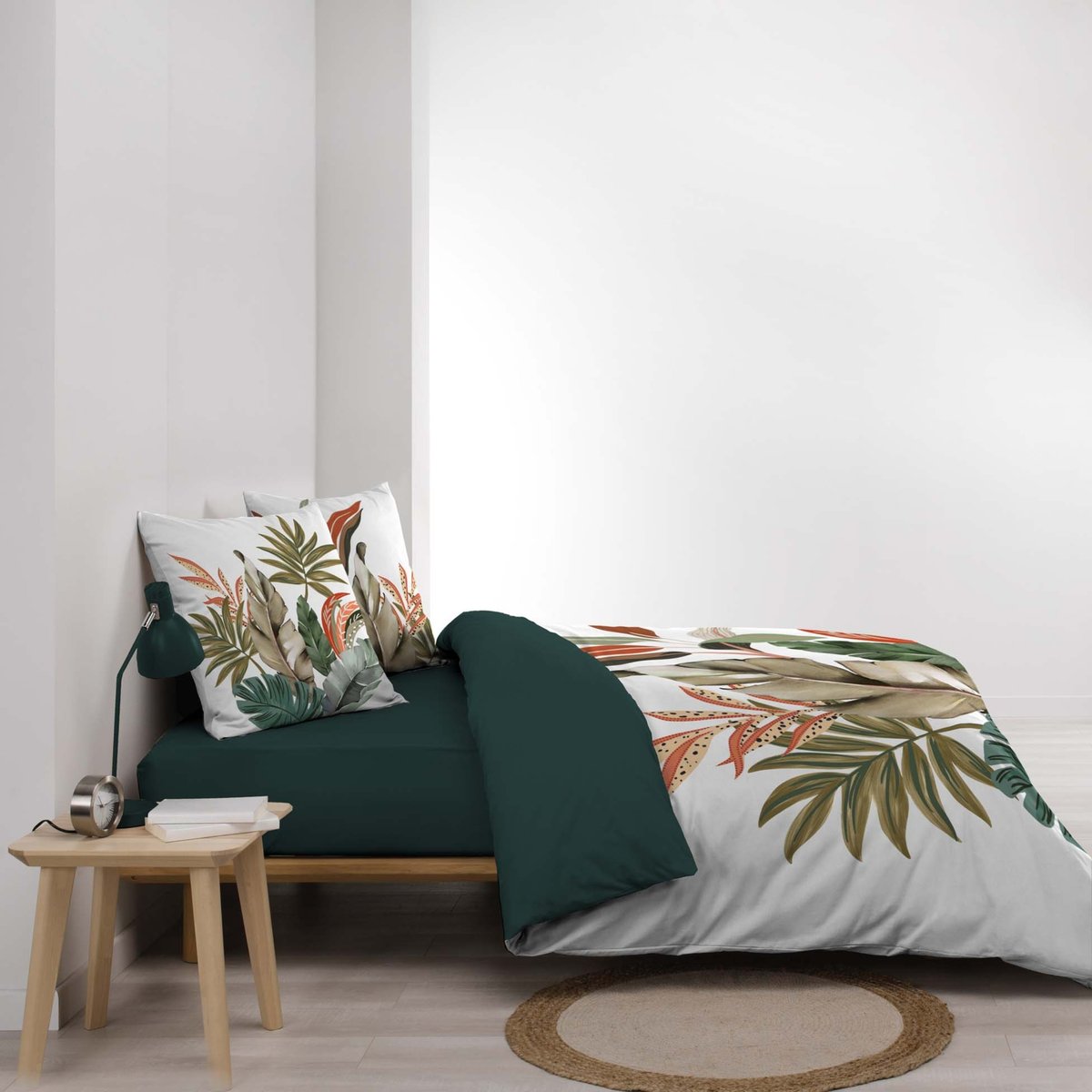 Parure de lit 3 pièces 100 % coton imprimé à motif tropical housse + taies vert, DOUCEUR D'INTÉRIEUR