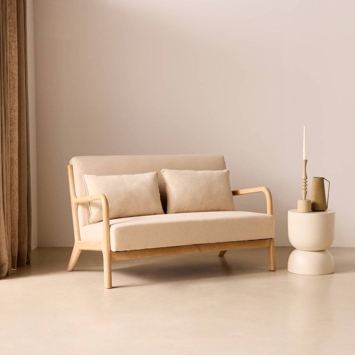 Banquette scandinave 2 places bois et tissu LORENS beige, SWEEEK