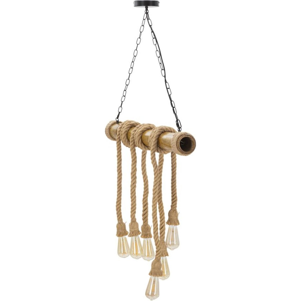 Suspension bohème en bambou et corde 6 lumières marron naturel et noir, RECOLLECTION