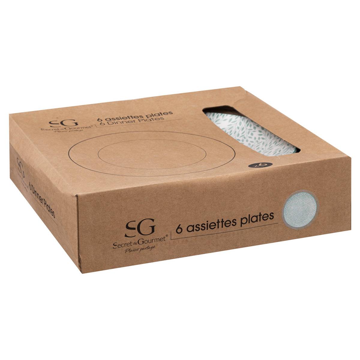 Lot de 6 assiettes plates en céramique JASMIN vert, SECRET DE GOURMET