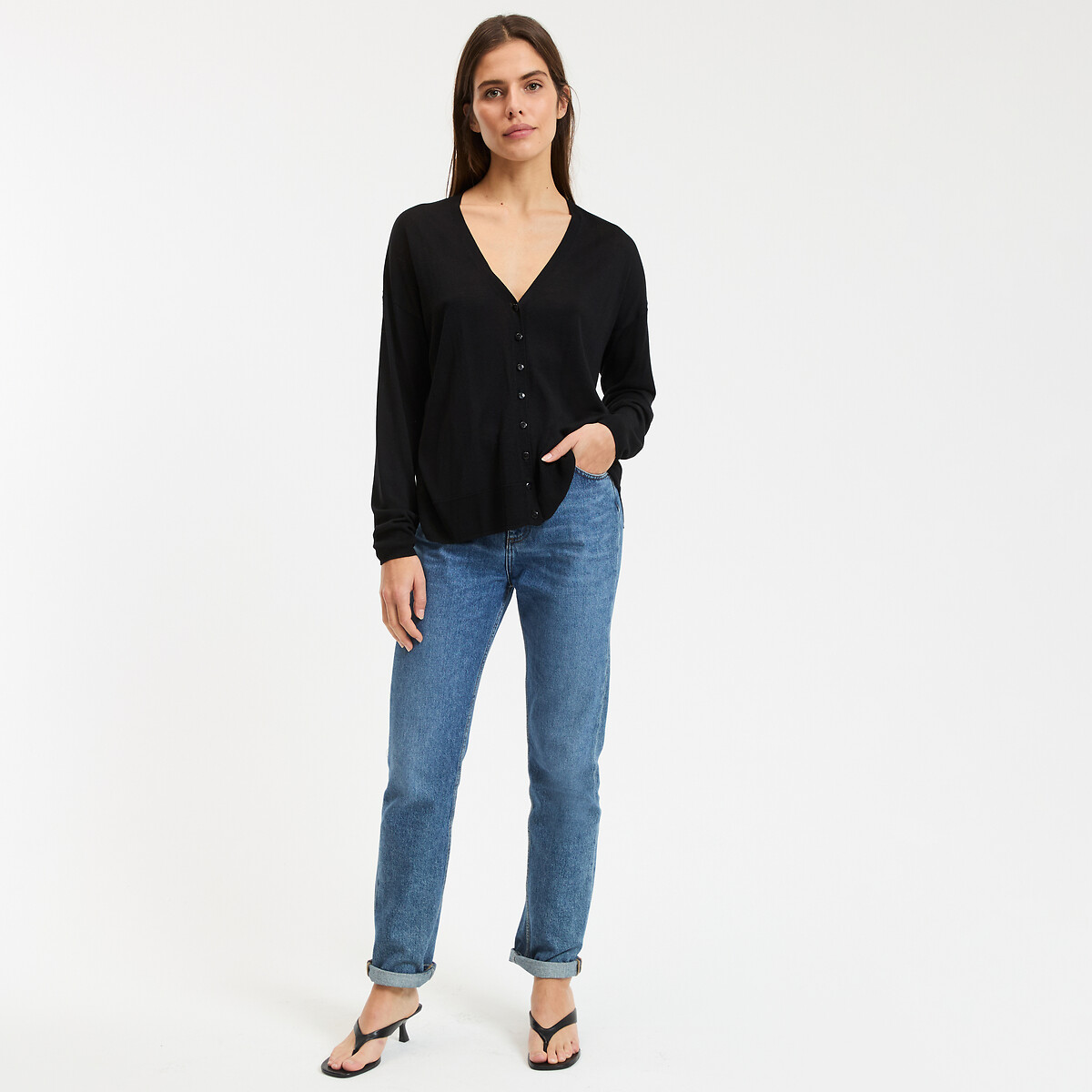 Cardigan a maglia fine con scollo a V e chiusura a bottoni nero , LA REDOUTE COLLECTIONS