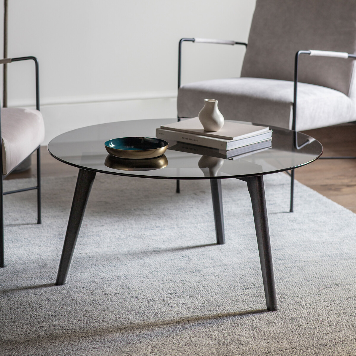 Tinsukia Black Oak and Glass Circular Coffee Table black, SO'HOME
