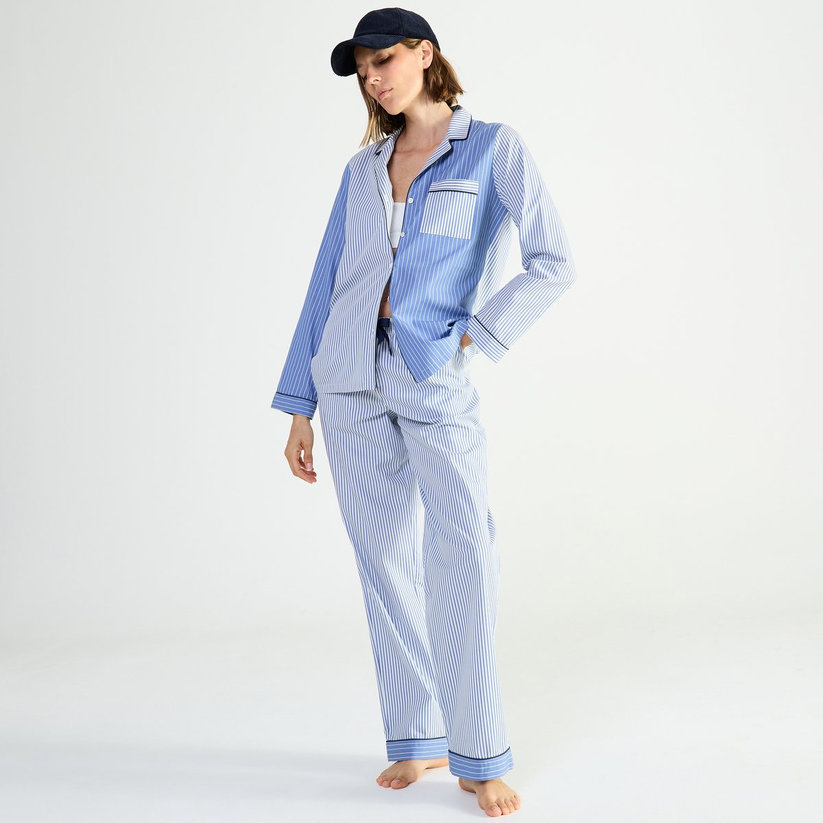 Pyjama col tailleur en popeline de coton ESSENTIEL FANTAISIE bleu, LAURENCE TAVERNIER