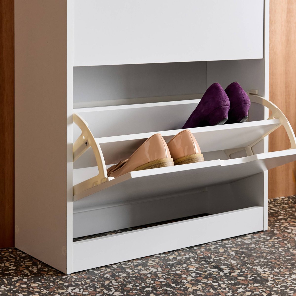 Meuble à chaussures décor bois 3 abattants SHOOZ blanc, SWEEEK