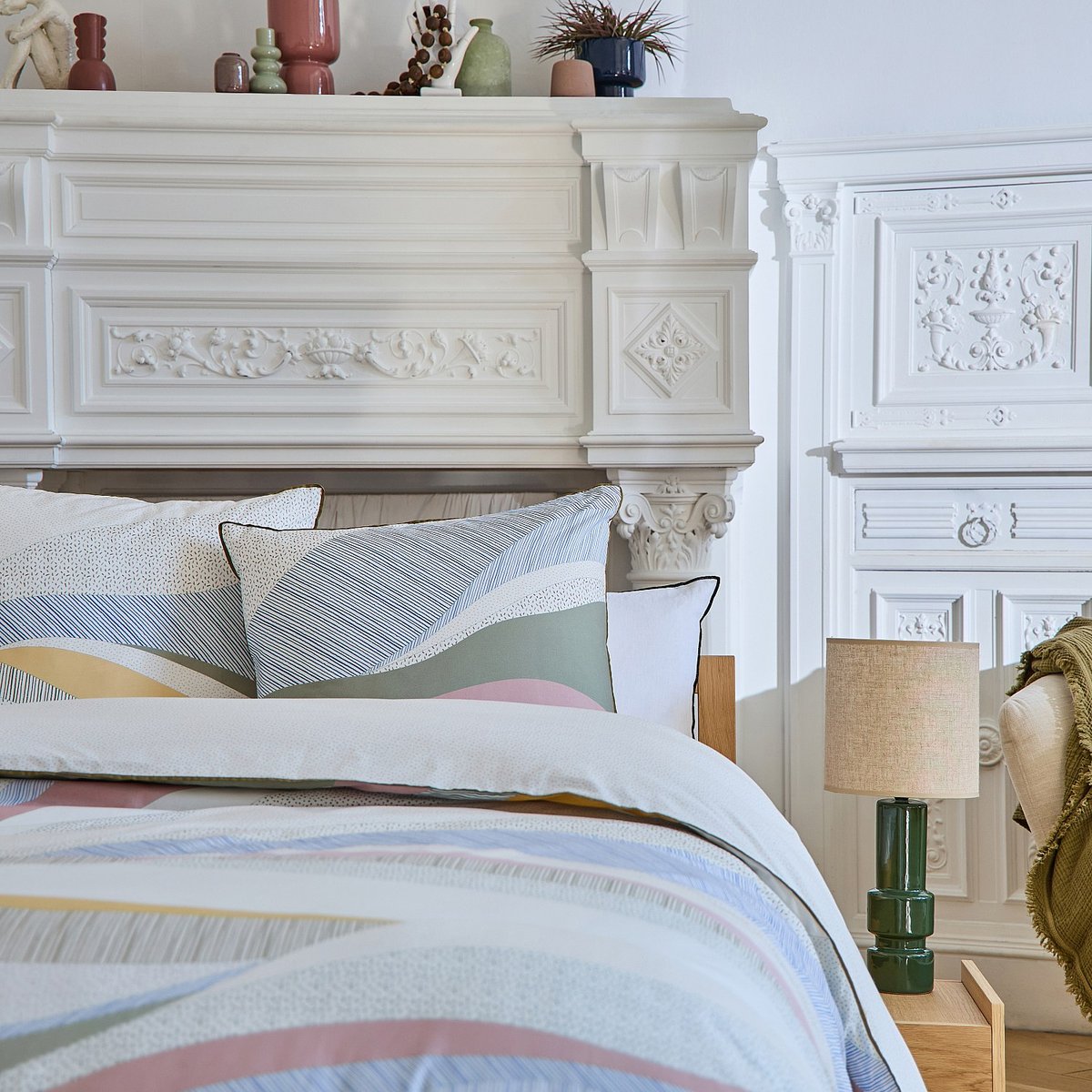Parure de lit en percale de coton bio AZELIE kaki, bleu, beige, multicolore, HABITAT