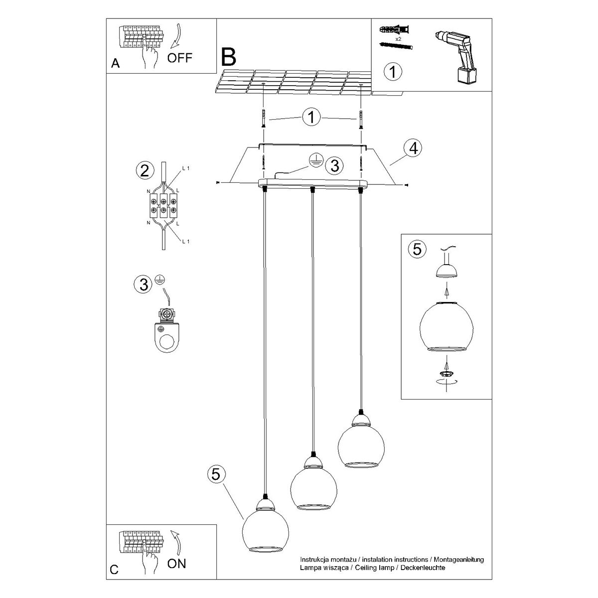 Suspension Acier Noir E27 3 Alino noir, EDEN